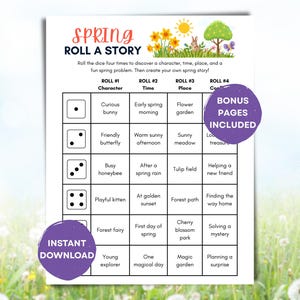 Puede incluir: Una hoja de juego imprimible "Spring Roll a Story" con una cuadrícula de indicaciones con temas de primavera. La hoja incluye el texto "Spring Roll a Story" y "Instant Download". Un círculo morado dice "Bonus Pages Included".