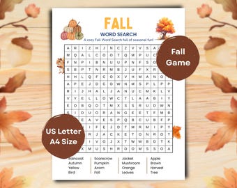 Juego imprimible de búsqueda de palabras de otoño, actividad de otoño para niños y adultos, rompecabezas de palabras