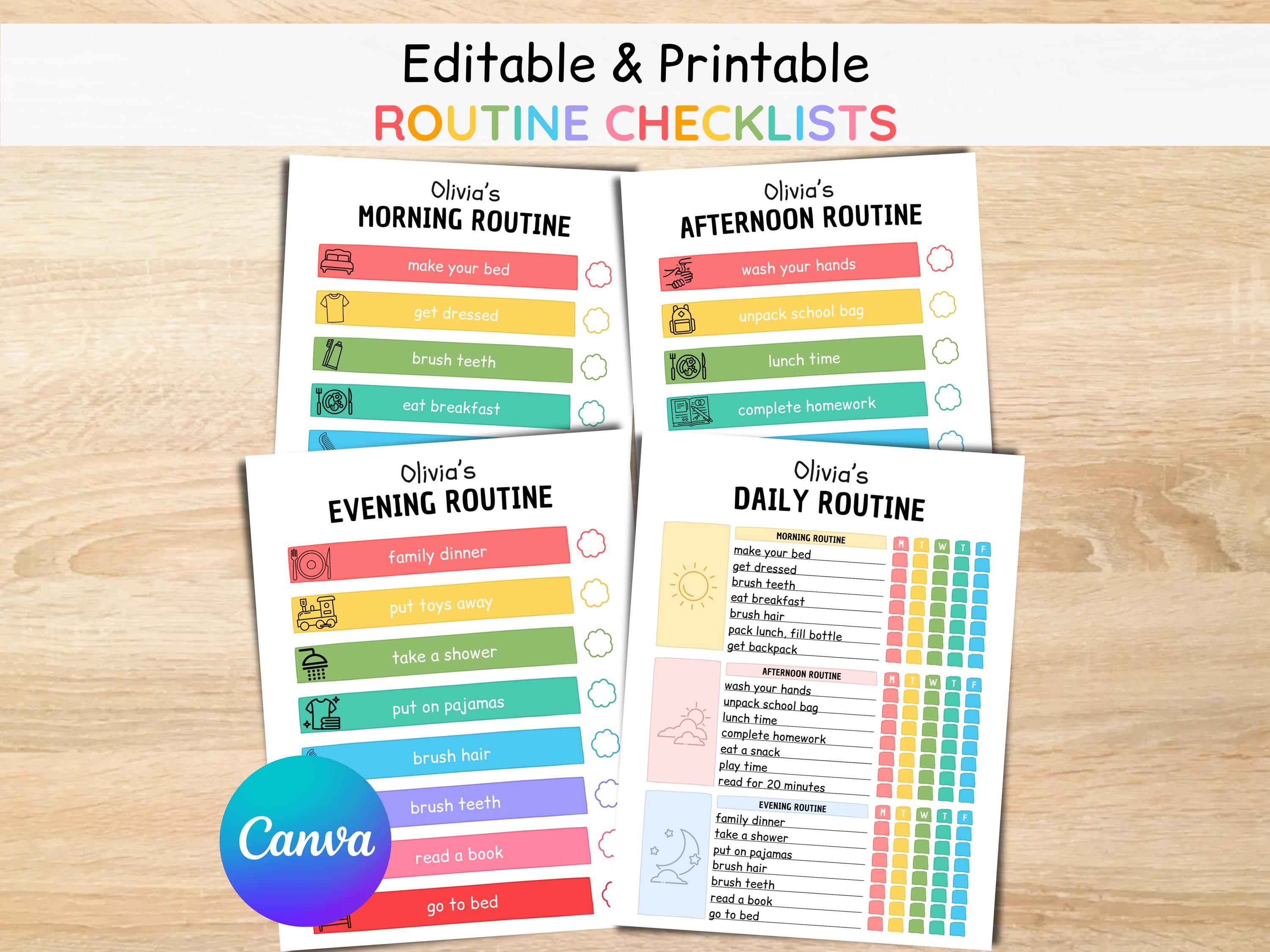 Editable Kids Daily Routine Chart, School Day Checklist (canva Template ...
