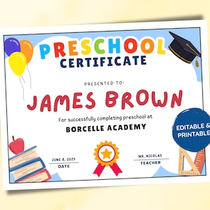 Certificado de graduación preescolar editable, diploma preescolar, certificado de graduación personalizado, diploma imprimible
