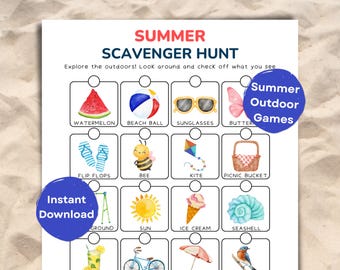 May include: A printable summer scavenger hunt with watercolor illustrations of a watermelon, beach ball, sunglasses, and more. The text reads "Summer Scavenger Hunt" and "Explore the outdoors!" with a blue circle that says "Instant Download".