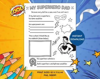 Superhero Dad Printable | Fathers Day Kids Activity Worksheet Coloring Gift PDF