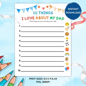 10 choses que j'aime chez mon père | Cadeau imprimable pour la fête des pères | Cadeau des enfants | Fête des pères imprimable | Page d'activité de papa