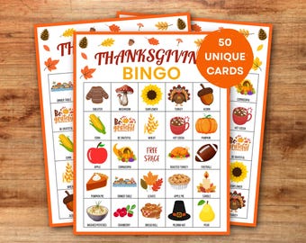 May include: Thanksgiving Bingo cards with autumn-themed illustrations. The cards feature images of a sweater, mushroom, sunflower, turkey, acorn, corn, apple, pumpkin pie, and more. The text "Thanksgiving Bingo" and "50 Unique Cards" are also visible.