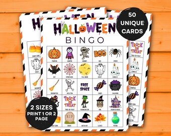 50 Halloween Bingo Cards, Halloween Bingo Game, Halloween Party Games, Classroom Activity for Kids