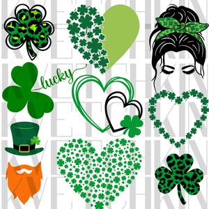 Puede incluir: Un conjunto de nueve imágenes de clipart digital que presentan tréboles, corazones y un duende. Las imágenes son en verde, negro, naranja y blanco.