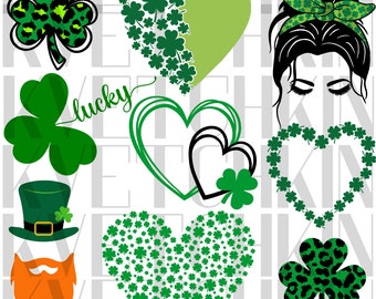 Lot de la Saint-Patrick (9) Fichiers de découpe pour téléchargement immédiat PNG SVG, trèfle, trèfle, lutin, arc-en-ciel, Saint-Patrick