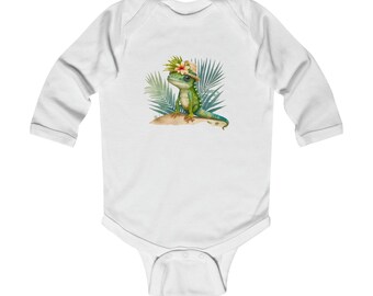 Infant Newborn 0-18m Long Sleeve Bodysuit With Cute Nature Funny Animal Tropical Jungle Lizard in a Hat Design