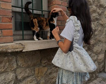 Umhängetasche Blau - Geraffte Jacquard-Umhängetasche in Blau-geblümt