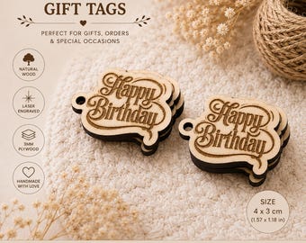 Laser Cut Wooden "Happy Birthday" Tags – Set of 20 – Engraved Gift Tags – Rustic Mini Tags for Cards & Gifts – 4 x 3 cm