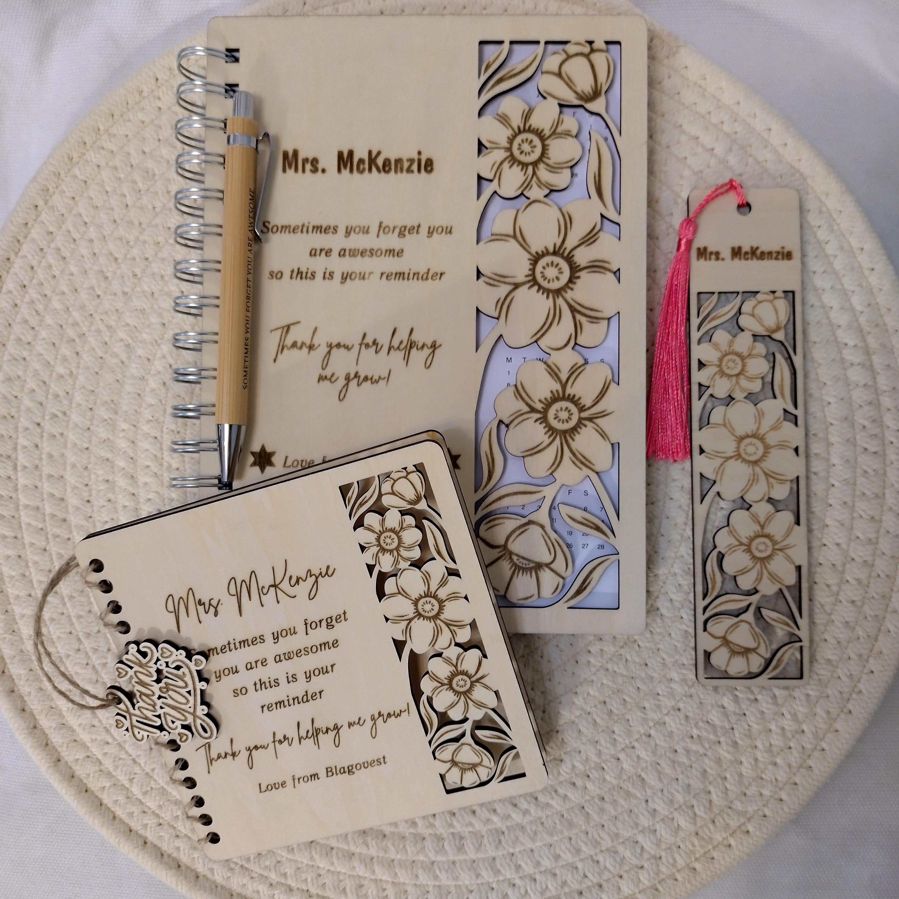 Engraved Wooden Teacher Gift Set | Floral Notebook, Bookmark, Pen ...