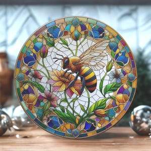 Round Glass Cutting Board with Stained Glass Bee and flower – Tempered Glass Kitchen Art, Nature-Inspired Serving and Chopping Board