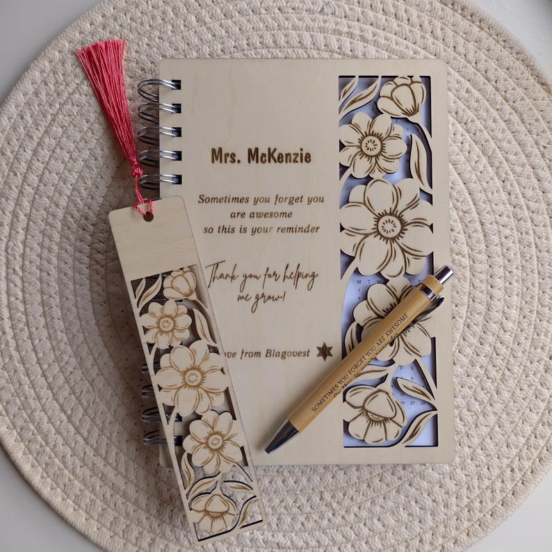 Engraved Wooden Teacher Gift Set | Floral Notebook, Bookmark, Pen ...