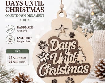 Wooden Christmas Countdown Ornament – Rustic Holiday Advent Calendar Decoration, Laser Cut Wooden Xmas Ornament for Families and Kids