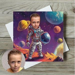 Personalized Kids Caricature Greeting Card Custom Cartoon Space Astronaut,Funny Birthday Card,Unique Illustration,Personalized Gift for Kids