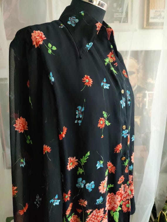 70s Dagger Collar Flower Pattern Black Women's Dr… - image 2