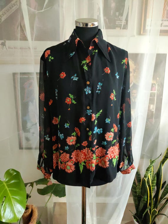 70s Dagger Collar Flower Pattern Black Women's Dr… - image 1