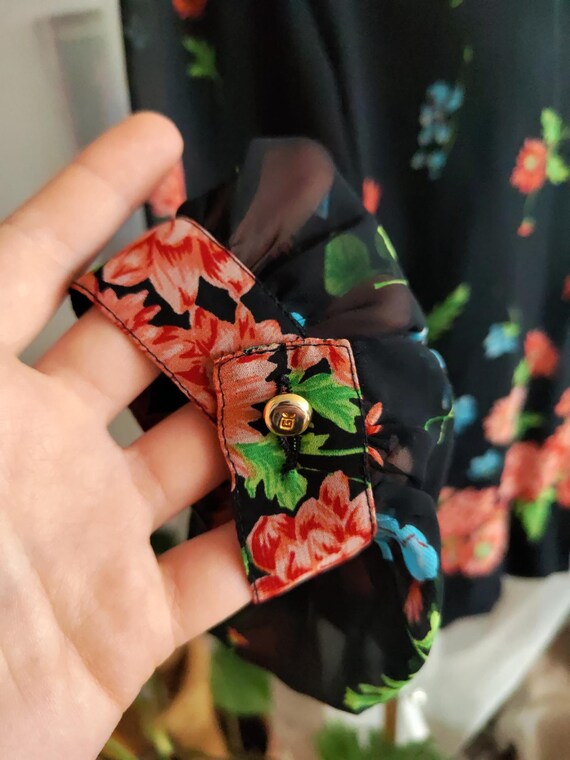 70s Dagger Collar Flower Pattern Black Women's Dr… - image 6