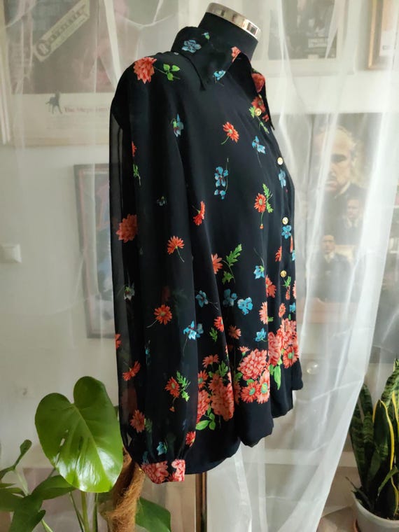 70s Dagger Collar Flower Pattern Black Women's Dr… - image 9