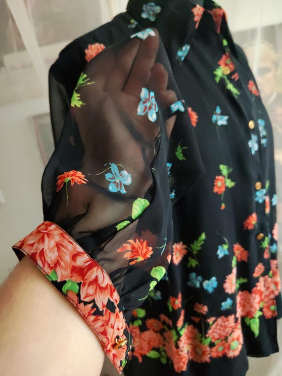 70s Dagger Collar Flower Pattern Black Women's Dr… - image 5