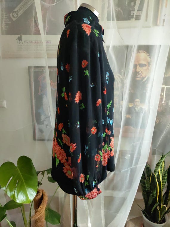 70s Dagger Collar Flower Pattern Black Women's Dr… - image 8