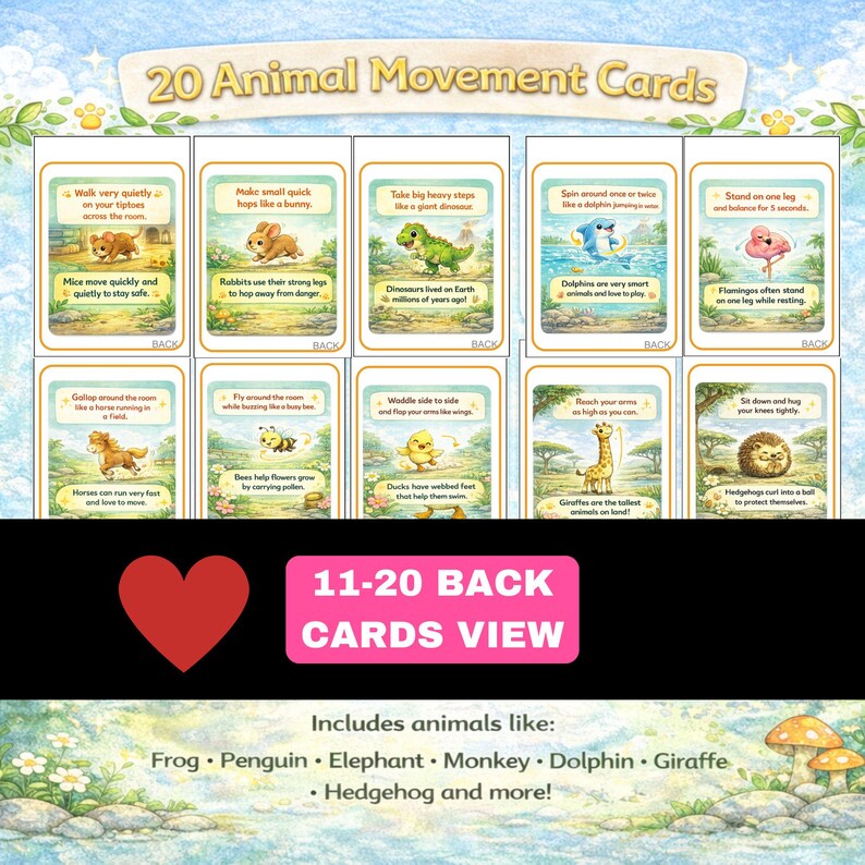 May include: A set of 20 animal movement cards with illustrations and text. The cards feature various animals like mice, rabbits, and dinosaurs, with instructions for related movements. The text on the cards includes phrases like "Walk very quietly" and "Make small quick hops."