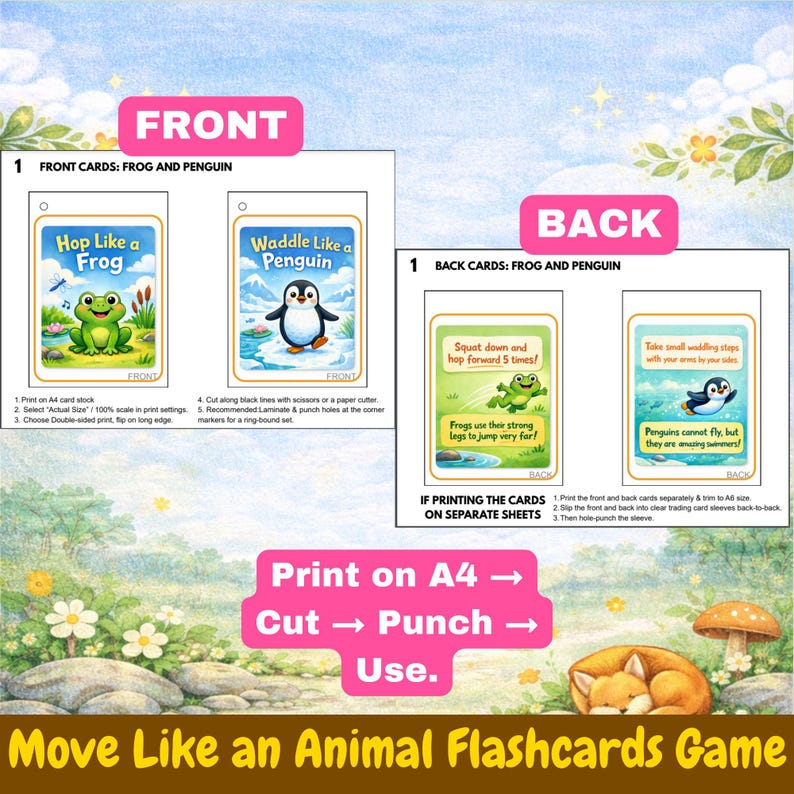 May include: Educational flashcards for a children's game, featuring a frog and penguin. The cards have instructions to hop like a frog and waddle like a penguin. The image includes instructions to print, cut, punch, and use the cards.