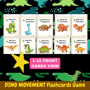 K&ouml;nnte beinhalten: Ein Satz von zehn farbenfrohen Lernkarten mit Cartoon-Dinosauriern, die verschiedene Bewegungen zeigen. Jede Karte zeigt einen anderen Dinosaurier und eine Aktion, wie "Stomp Like a T-Rex" oder "Snap Like a Spinosaurus". Die Karten sind mit "FRONT" beschriftet.