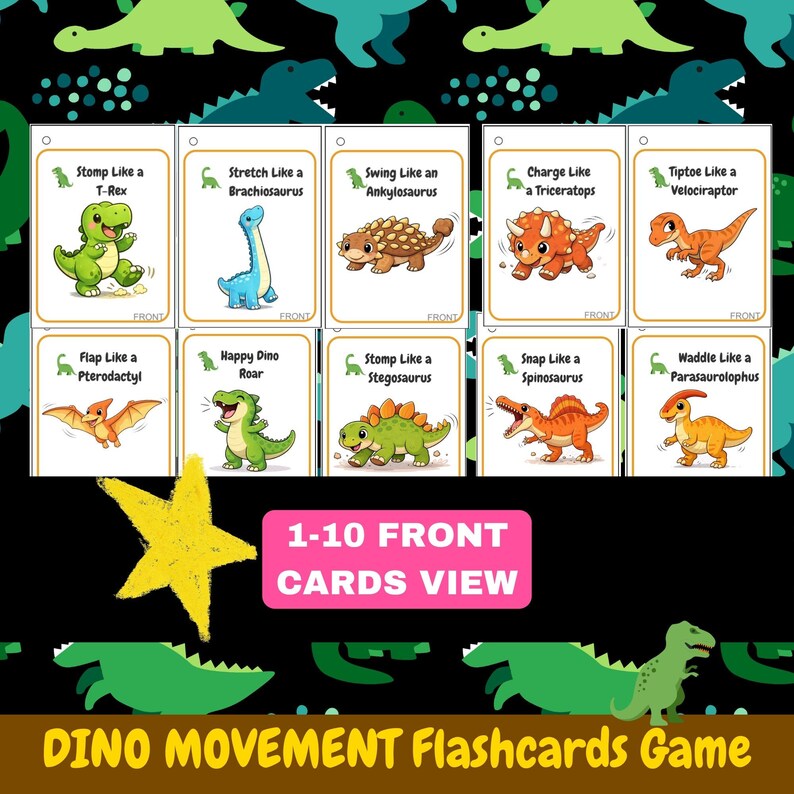 K&ouml;nnte beinhalten: Ein Satz von zehn farbenfrohen Lernkarten mit Cartoon-Dinosauriern, die verschiedene Bewegungen zeigen. Jede Karte zeigt einen anderen Dinosaurier und eine Aktion, wie "Stomp Like a T-Rex" oder "Snap Like a Spinosaurus". Die Karten sind mit "FRONT" beschriftet.