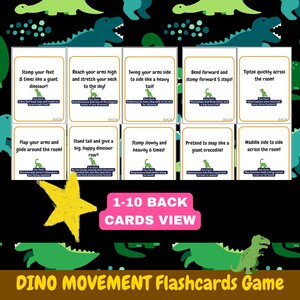 K&ouml;nnte beinhalten: Ein Dino-Bewegungs-Flashcard-Spiel. Jede Karte enth&auml;lt eine Bewegungsanweisung zum Thema Dinosaurier, wie z. B. "Stampfe deine F&uuml;&szlig;e 8 Mal wie ein riesiger Dinosaurier!" Die Karten sind wei&szlig; mit gr&uuml;nen Dinosaurierillustrationen.