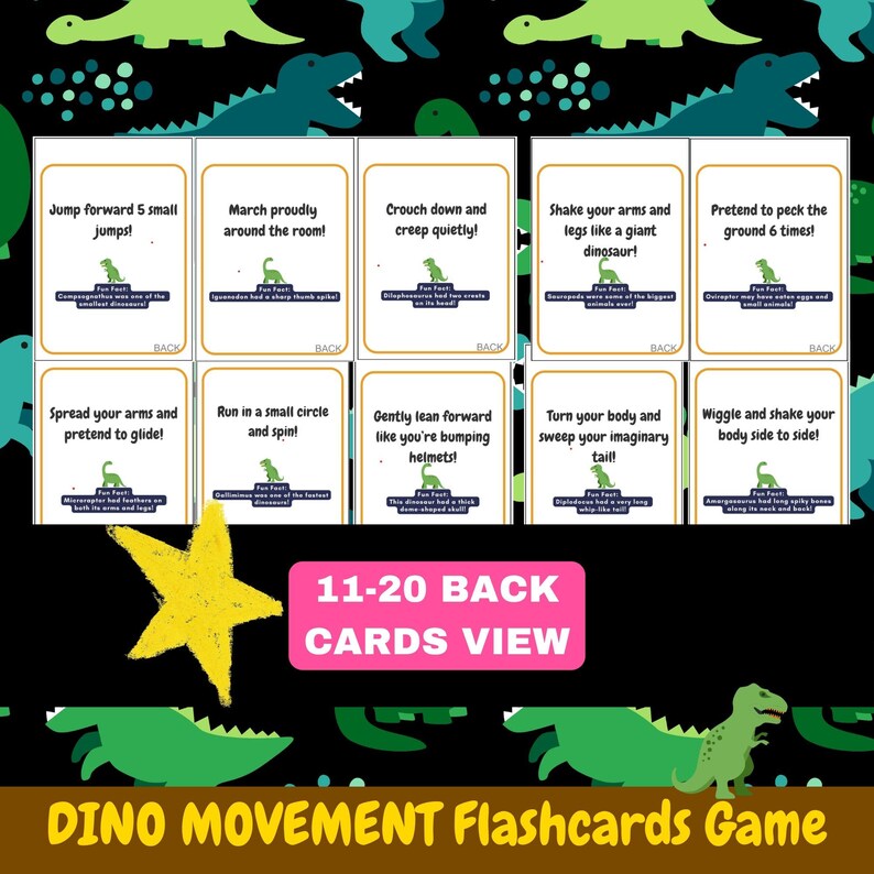 K&ouml;nnte beinhalten: Dinosaurier-Flashcards mit Bewegungsanweisungen. Auf den Karten stehen S&auml;tze wie "Springe 5 kleine Spr&uuml;nge vorw&auml;rts!" und "Schwinge deine Arme und Beine wie ein riesiger Dinosaurier!" Der Hintergrund ist schwarz mit gr&uuml;nen Dinosaurier-Silhouetten.
