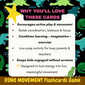 K&ouml;nnte beinhalten: Ein schwarzer Hintergrund mit gr&uuml;nen und tealfarbenen Dinosaurierillustrationen und einem gelben Stern. Das Bild zeigt den Text "WHY YOU'LL LOVE THESE CARDS" und "DINO MOVEMENT Flashcards Game". Der Text listet auch die Vorteile der Karteikarten auf.