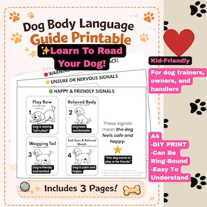 Hunde Körpersprache Anleitung zum Ausdrucken | Lerne Hunde Signale (Digitaler Download) A4 DIY PRINT