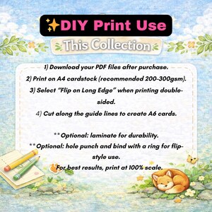 May include: A decorative image with instructions for DIY printing. The text reads "DIY Print Use" and "This Collection". Instructions include downloading PDF files, printing on A4 cardstock, and cutting to create A6 cards. A fox illustration is in the bottom right.