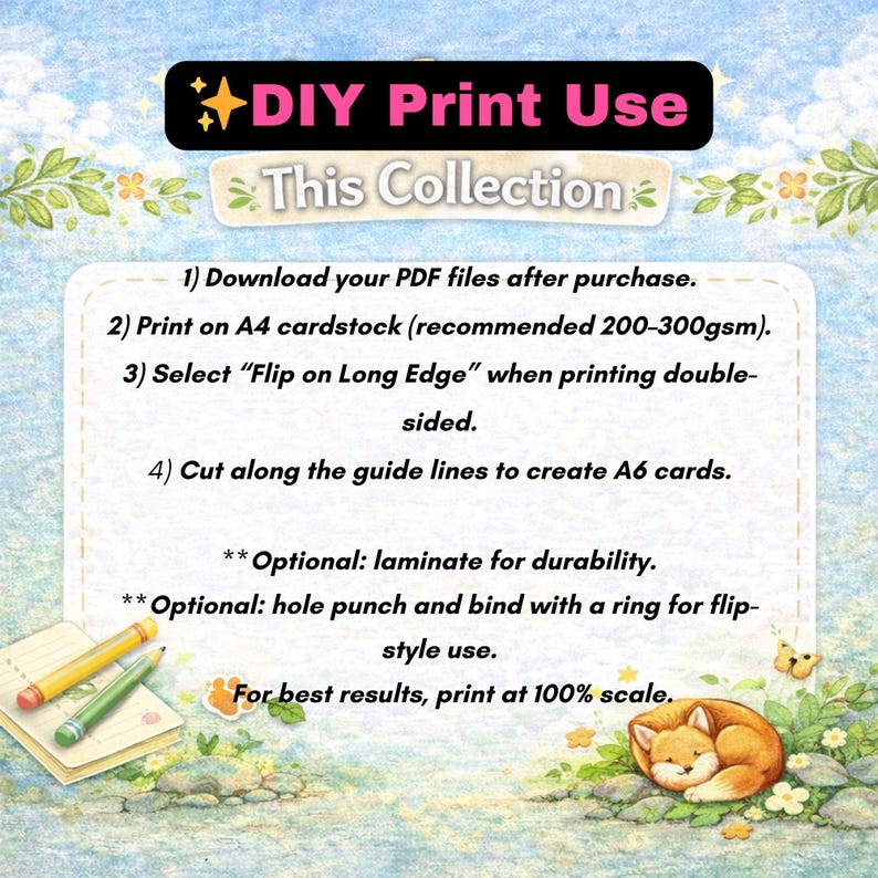 May include: A decorative image with instructions for DIY printing. The text reads "DIY Print Use" and "This Collection". Instructions include downloading PDF files, printing on A4 cardstock, and cutting to create A6 cards. A fox illustration is in the bottom right.