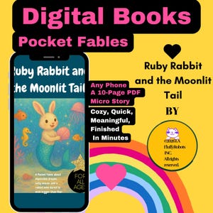 Könnte beinhalten: Digitales Buchcover für "Ruby Rabbit and the Moonlit Tail". Das Bild zeigt ein Smartphone, das eine skurrile Illustration eines Kaninchens mit einem Meerjungfrauenschwanz anzeigt. Der Text enthält "Pocket Fables" und "For All Ages."