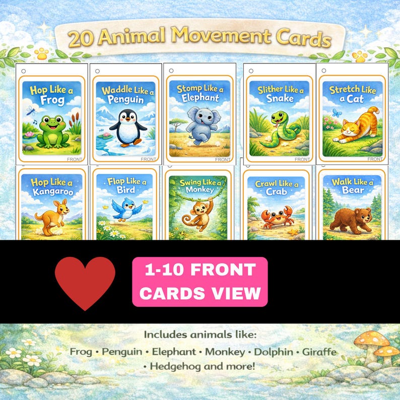May include: A set of 20 animal movement cards. Each card features a different animal and movement, such as "Hop Like a Frog" and "Walk Like a Bear." The cards are illustrated with colorful images of the animals. The text "1-10 FRONT CARDS VIEW" is also visible.