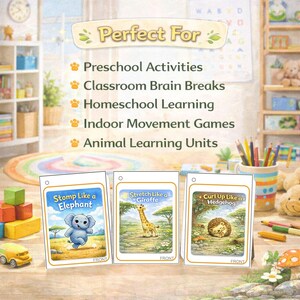 May include: Three educational cards with animal illustrations. The cards read "Stomp Like a Elephant", "Stretch Like a Giraffe", and "Curl Up Like a Hedgehog". The cards are designed for preschool activities, classroom brain breaks, and homeschool learning.