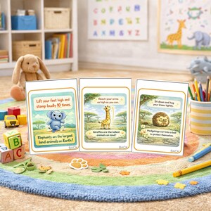 May include: Three illustrated flashcards with animal facts and instructions for movement. The cards feature an elephant, giraffe, and hedgehog. Text on the cards includes "Elephants are the largest land animals on Earth!" and "Giraffes are the tallest animals on land!"