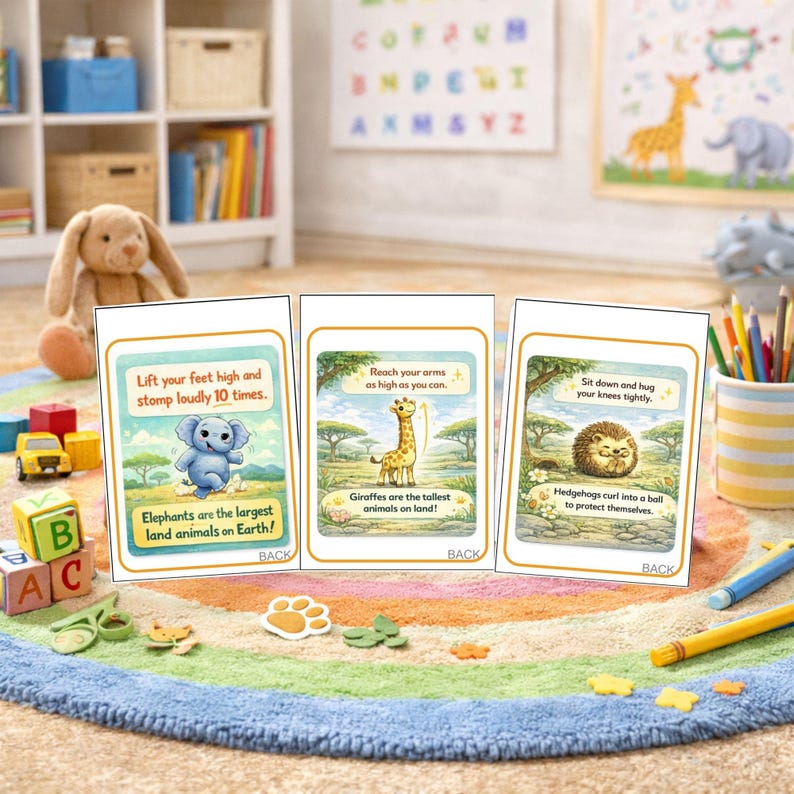 May include: Three illustrated flashcards with animal facts and instructions for movement. The cards feature an elephant, giraffe, and hedgehog. Text on the cards includes "Elephants are the largest land animals on Earth!" and "Giraffes are the tallest animals on land!"