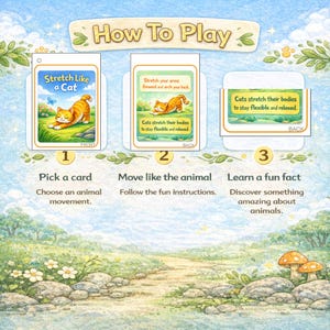 May include: A whimsical illustration showing the steps to play a game. The text "How To Play" is at the top. Three cards show a cat stretching. The steps are: pick a card, move like the animal, and learn a fun fact.