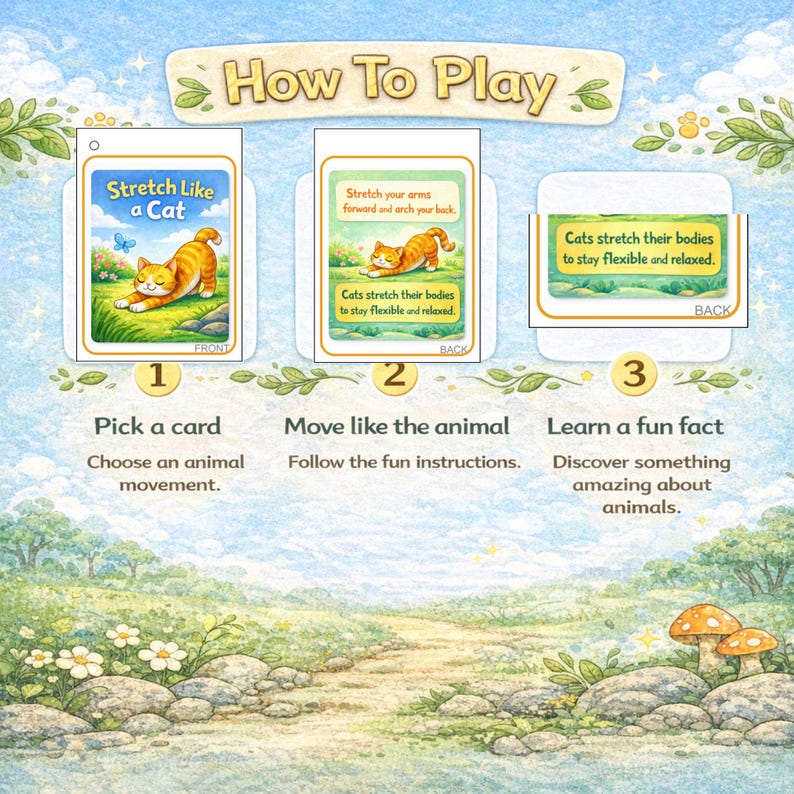 May include: A whimsical illustration showing the steps to play a game. The text "How To Play" is at the top. Three cards show a cat stretching. The steps are: pick a card, move like the animal, and learn a fun fact.