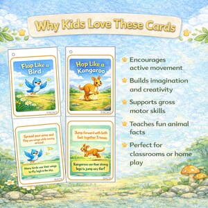 May include: Four colorful activity cards for kids, featuring illustrations of a blue bird and a kangaroo. The cards encourage active movement, imagination, and gross motor skills. Text on the cards includes "Flap Like a Bird" and "Hop Like a Kangaroo."