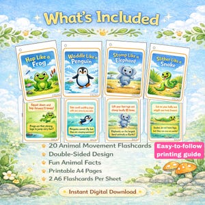 May include: A set of 20 animal movement flashcards with double-sided designs. Each card features a different animal, such as a frog, penguin, elephant, and snake, with instructions for movement. The cards are designed for fun animal facts and are printable on A4 pages.