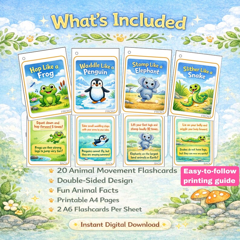 May include: A set of 20 animal movement flashcards with double-sided designs. Each card features a different animal, such as a frog, penguin, elephant, and snake, with instructions for movement. The cards are designed for fun animal facts and are printable on A4 pages.
