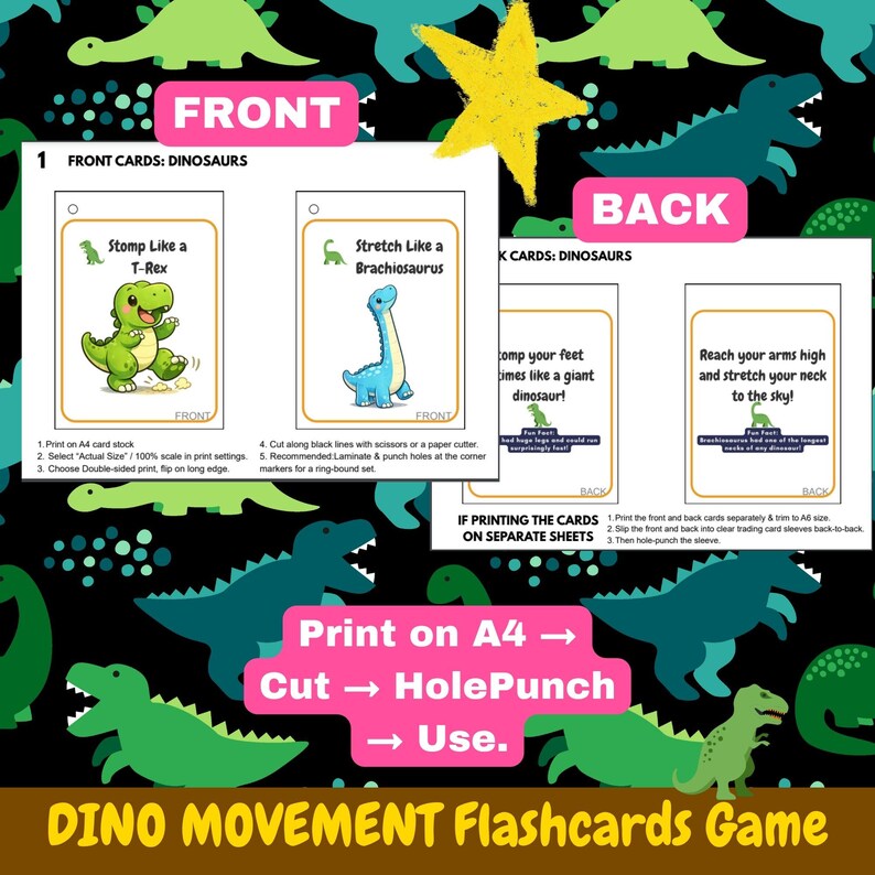 K&ouml;nnte beinhalten: Dino Movement Flashcards Spiel mit Anweisungen. Die Karten zeigen Illustrationen von Dinosauriern wie einem gr&uuml;nen T-Rex und einem blauen Brachiosaurus. Der Hintergrund ist schwarz mit gr&uuml;nen und blauen Dinosaurier-Silhouetten und einem gelben Stern.