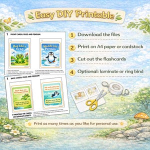 May include: A printable DIY educational set featuring flashcards with a frog and penguin theme. The cards include instructions for use, with illustrations of a frog and penguin. The set also includes a pair of scissors and tape.