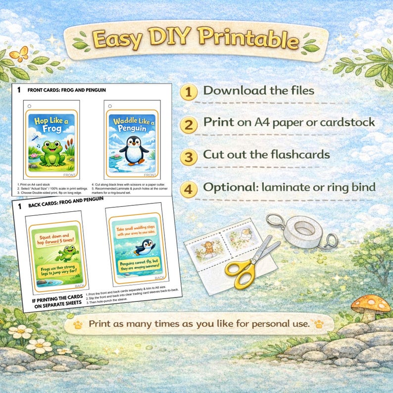 May include: A printable DIY educational set featuring flashcards with a frog and penguin theme. The cards include instructions for use, with illustrations of a frog and penguin. The set also includes a pair of scissors and tape.