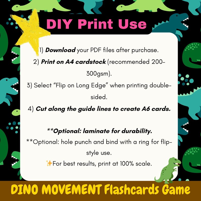 K&ouml;nnte beinhalten: Ein schwarzer Hintergrund mit gr&uuml;nen und t&uuml;rkisfarbenen Dinosaurierillustrationen umgibt eine wei&szlig;e Box mit Druckanweisungen. Der Text lautet "DIY Print Use" und "DINO MOVEMENT Flashcards Game". Anweisungen umfassen das Drucken auf A4-Karton und das Zuschneiden auf A6-Karten.