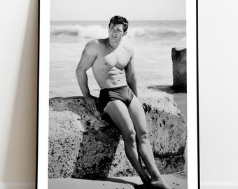 Vintage photograph of gay male on the beach, Black and White Photo, Gay Print, Retro Poster, Gay Wall Art, Beefcake, Printable Art Print
